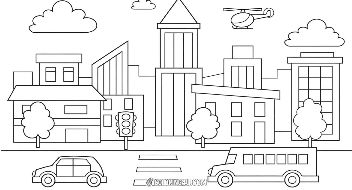 Color a charming city scene with a variety of buildings, trees, and a traffic light. Cars and a bus move along the road, while a helicopter flies above under the fluffy clouds. Perfect for kids to enjoy a cheerful and simple urban coloring experience.