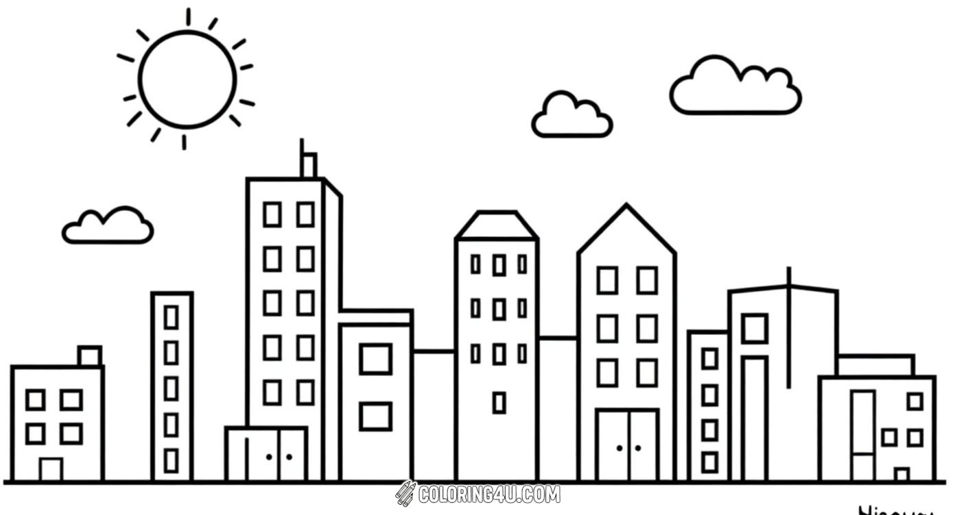 This fun and simple coloring page shows a busy city street with tall buildings under a shining sun and fluffy clouds. Kids can enjoy bringing this lively urban scene to life with their favorite colors, imagining the hustle and bustle of city life!