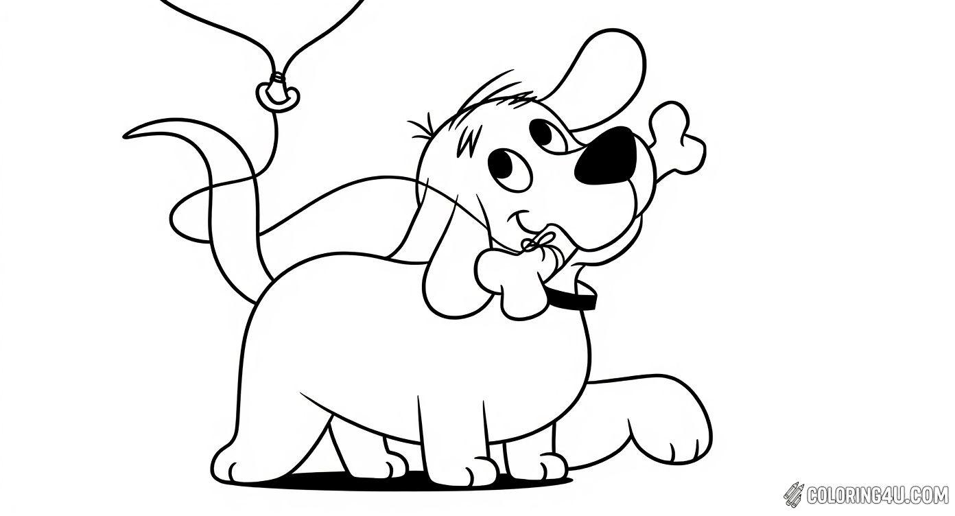 This fun coloring page features Clifford, the big red dog, happily holding two bones in his mouth while a balloon floats above him. Kids will love bringing this playful scene to life with their favorite colors!