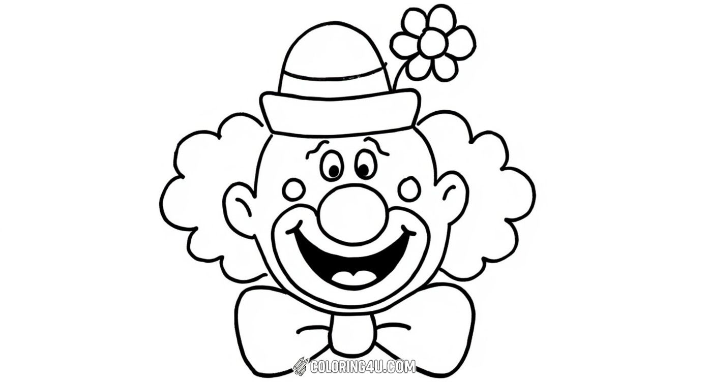 This coloring page features a cheerful circus clown's face, complete with a cute hat adorned with a flower and a big bowtie. Kids can have fun bringing this friendly clown to life with bright colors and creative designs!