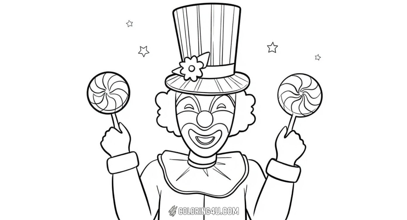 This coloring page shows a happy clown wearing a tall striped hat decorated with a flower, holding two large swirly lollipops. Stars twinkle in the background, making it a magical and joyful image for kids to color and enjoy.