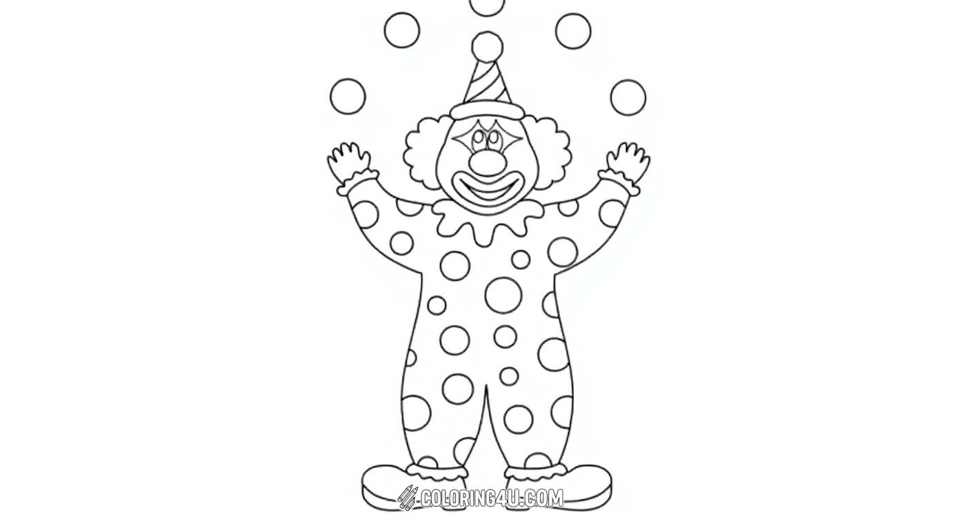 Here is a fun coloring page of a playful clown juggler wearing a spotted costume and a party hat. The clown is juggling balls all around, inviting kids to color the lively scene and imagine the circus excitement!