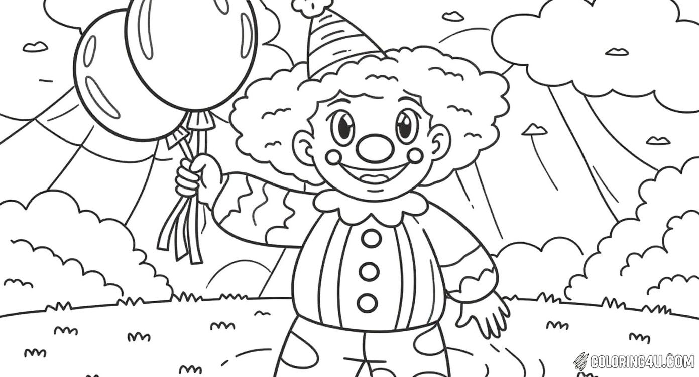 Join the fun with this happy clown holding balloons in front of a circus tent! Dressed in a lively outfit with polka dots and stripes, and wearing a party hat, this joyful scene invites kids to color a bright and festive circus celebration.