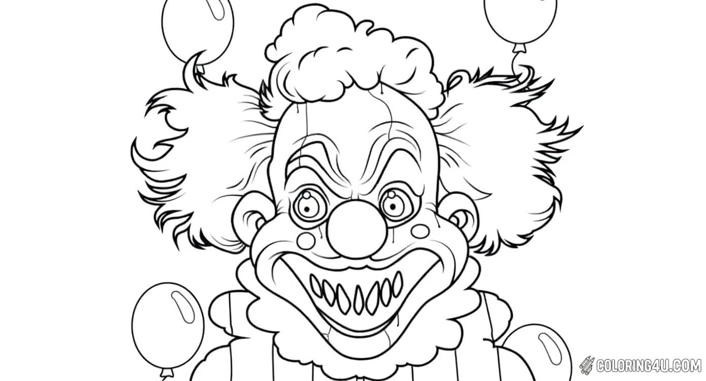 Get ready for a spooky coloring adventure with this scary clown surrounded by balloons! This creepy clown has a big grin with sharp teeth and wild hair, making it a thrilling coloring page for kids who enjoy a little Halloween excitement.