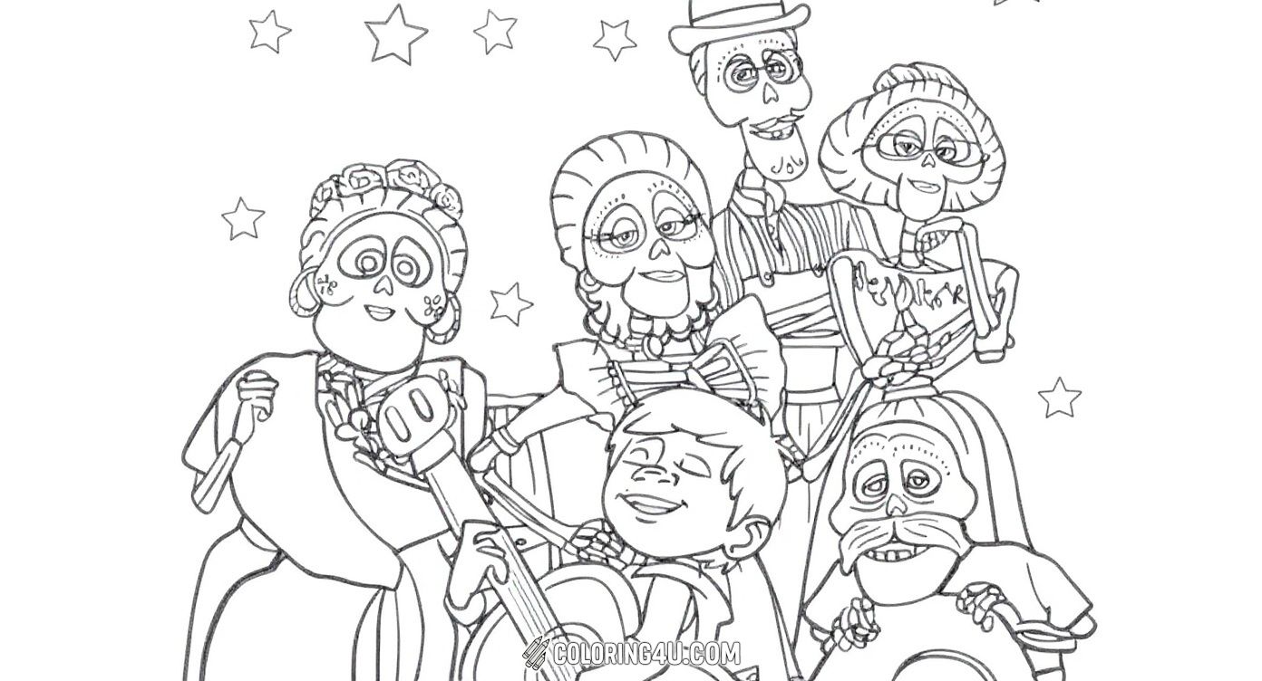 This detailed coloring page shows a heartwarming family portrait from the magical world of Coco. Featuring several beloved characters, including skeleton family members and Miguel playing guitar, kids can have endless fun coloring this touching scene filled with love, music, and the spirit of Día de los Muertos.