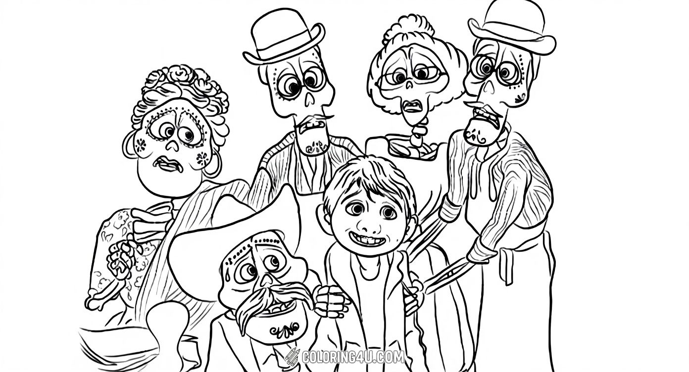 This fun coloring page features Miguel from the Disney Pixar movie Coco, surrounded by his colorful family members from the Land of the Dead. Kids can bring this joyful family scene to life with vibrant colors and explore the magic of the Day of the Dead celebration.