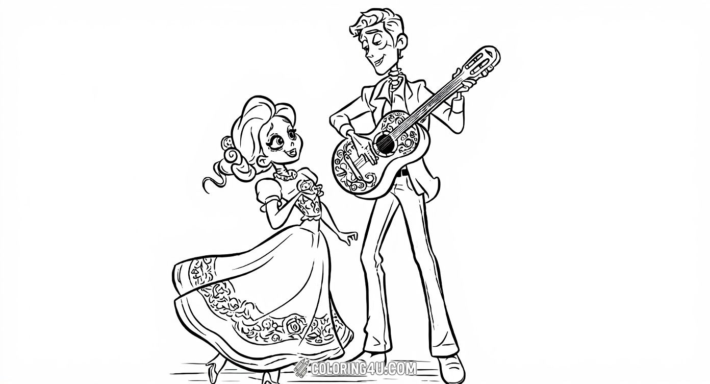 Join Miguel and Hector from the beloved movie Coco as they sing 'Un Poco Loco' together in this delightful coloring page. Kids can color the joyful expressions and musical details to celebrate friendship and music in a fun and creative way.