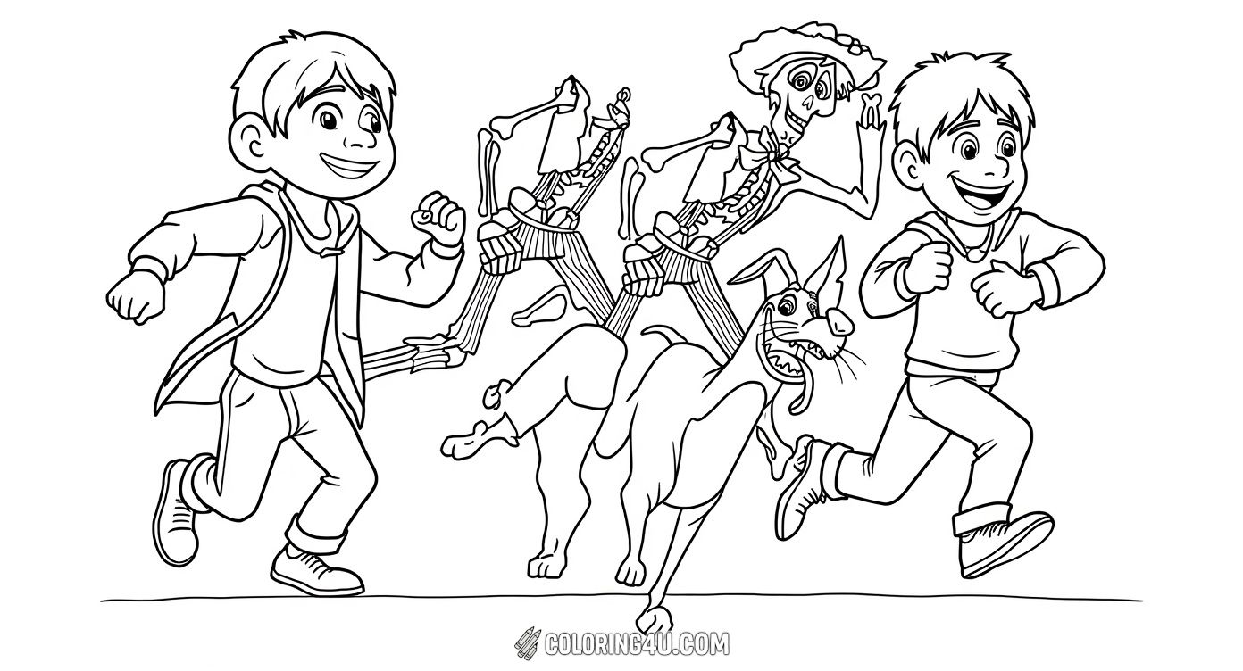 This exciting coloring page shows Miguel, Hector, and Dante the dog from Coco running together with falling petals and musical guitars above. Children will love coloring the energetic scene, capturing the magic and adventure of their journey in the Land of the Dead.