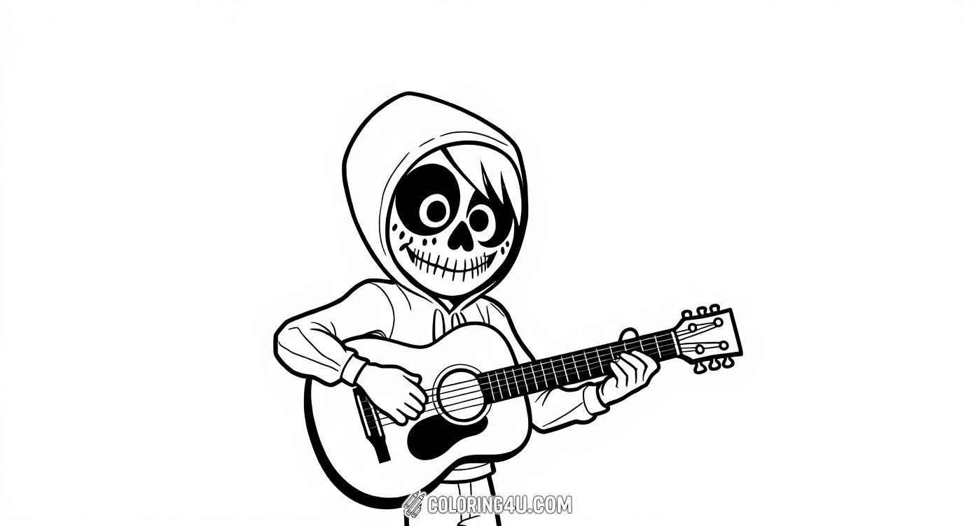Get creative with this cool coloring page of Miguel dressed in his skeleton disguise from the movie Coco, leaning casually on his intricately designed guitar. Kids will enjoy filling in the amazing costume details and surrounding scene inspired by Disney's magical story.