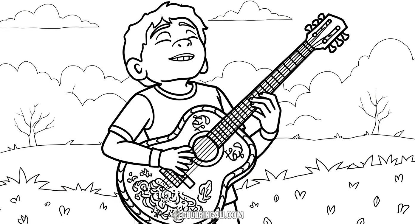 Join Miguel as he passionately strums his beautifully decorated guitar on a sunny day! This lively coloring page captures Miguel's love for music and invites kids to color the detailed guitar, falling leaves, and the charming outdoor setting.