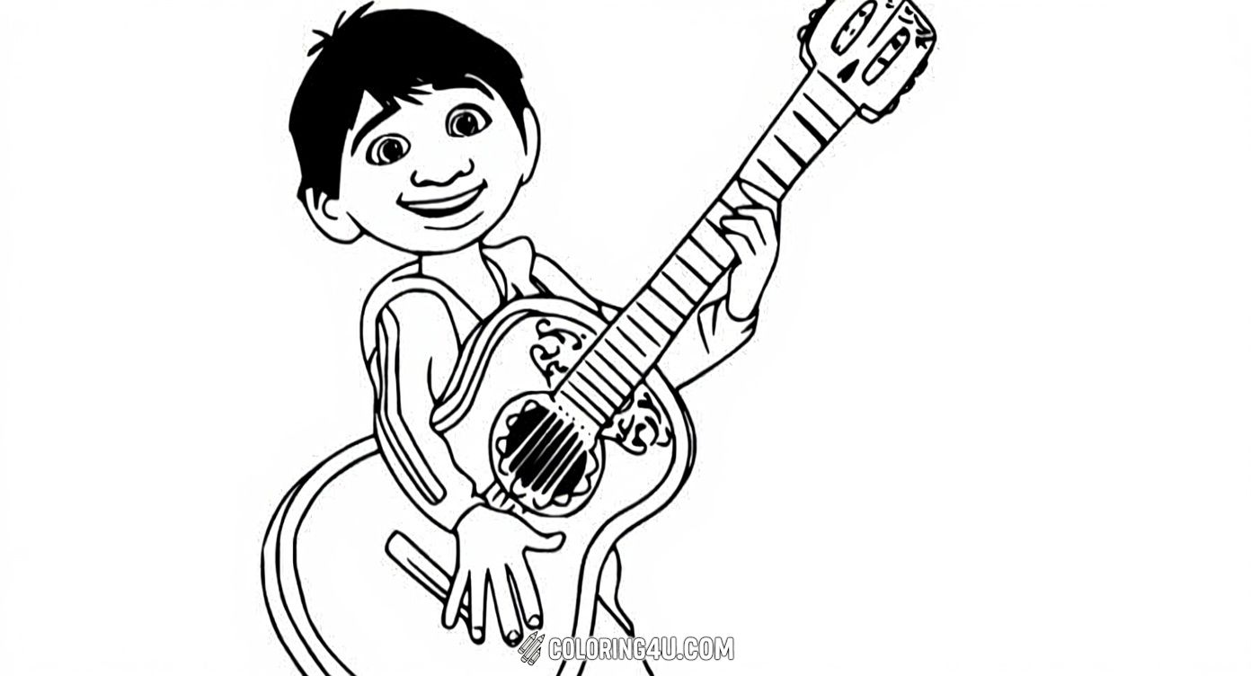 Join Miguel from Coco as he plays his guitar passionately in this lively coloring page. Children can bring this cheerful moment to life with their favorite colors, capturing the joy of music and the spirit of the movie. A great activity to inspire creativity and love for melodies!