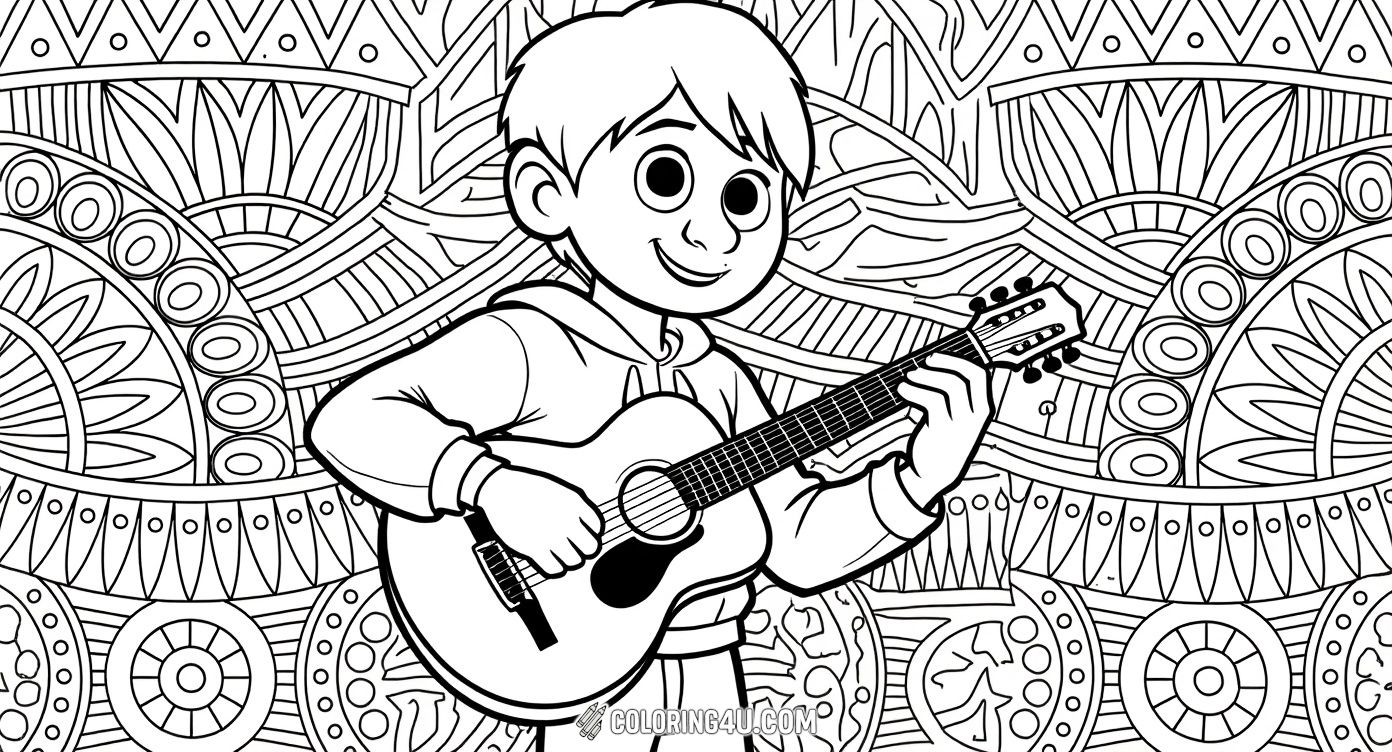 This fun coloring page features Miguel, the brave young boy from Disney Pixar's Coco, leaning on his beautifully decorated guitar. Kids can enjoy bringing Miguel's adventurous spirit to life with bright colors while exploring the intricate patterns in the background.