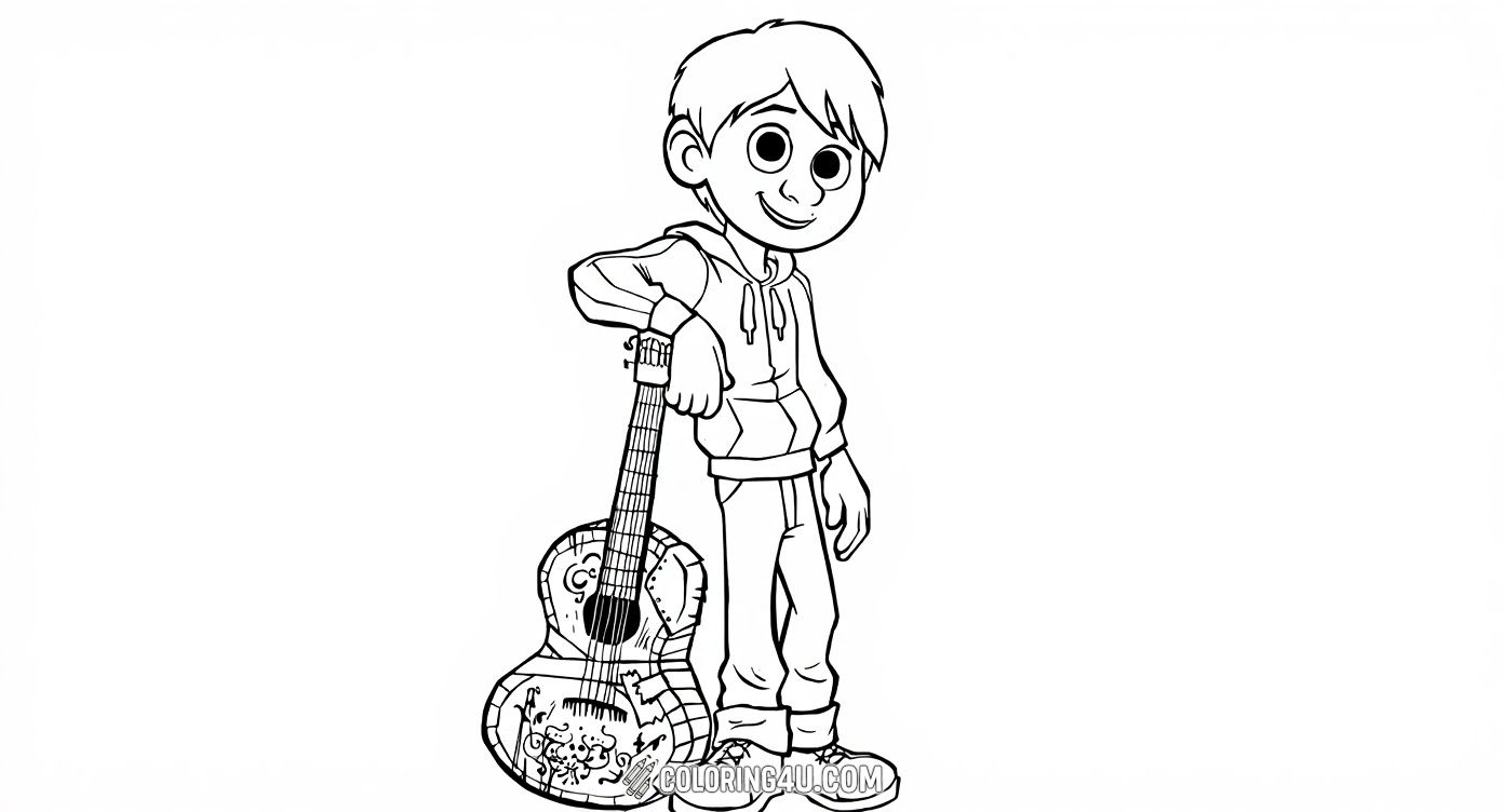 This fun coloring page features Miguel, the young and talented musician from the beloved Disney Pixar movie Coco. Kids can color Miguel as he stands proudly with his decorated guitar, framed by lovely ornamental borders. A perfect sheet for little artists who love music and adventure!