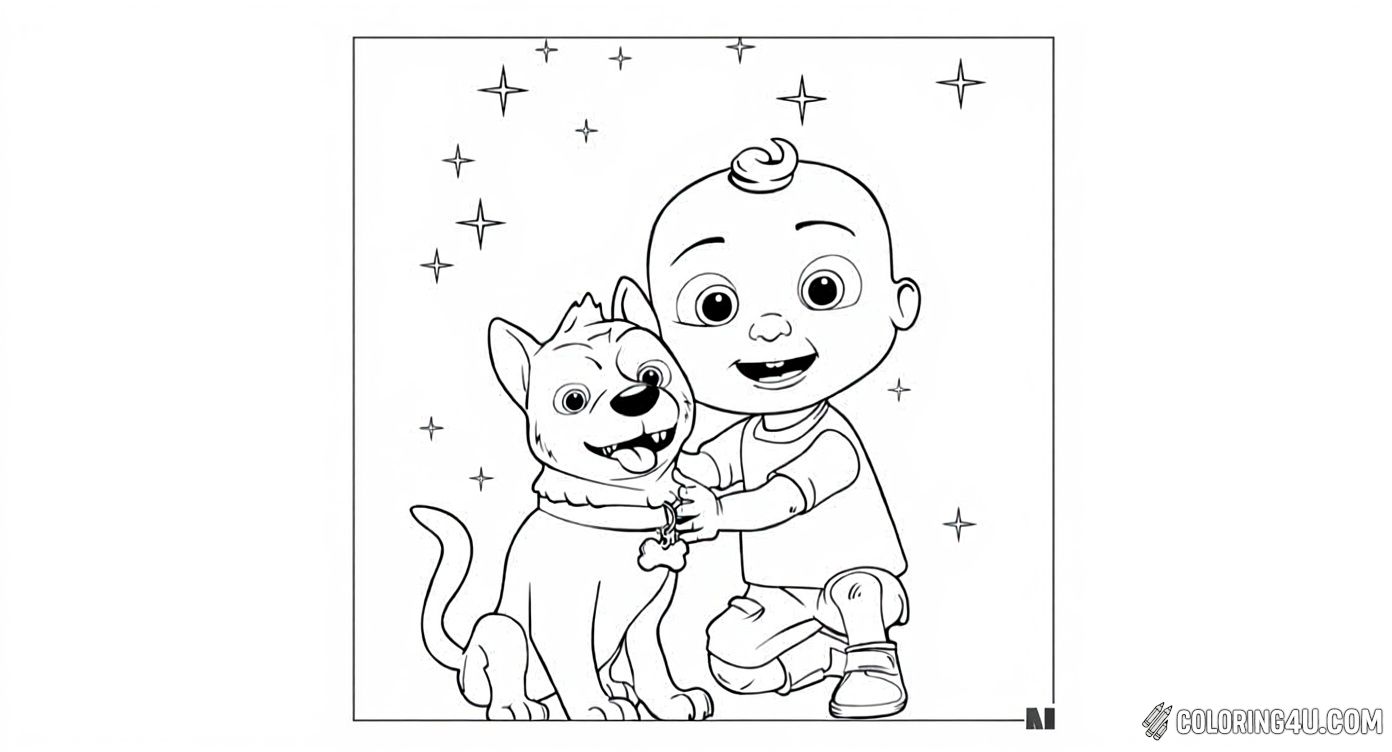 Join the cheerful toddler from CoComelon as he happily pets his playful dog under a sparkling starry sky. This fun and heartwarming scene invites kids to bring to life the joyful bond between a child and his furry friend with colorful creativity!