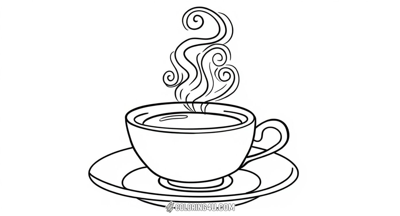 This delightful coloring page features a large coffee cup sitting on a saucer with beautifully swirling steam rising above. Surrounded by fun bubbles, it's a perfect image for kids to color and bring warmth and creativity to their day.