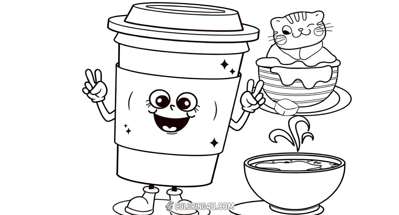 Get ready to color this cheerful coffee cup with a happy face and two peace-sign hands! Alongside it, a cute cat peeks out of a striped dessert cup, and a warm bowl of coffee steams gently. This charming scene invites kids to add their favorite colors and enjoy a fun coffee break.