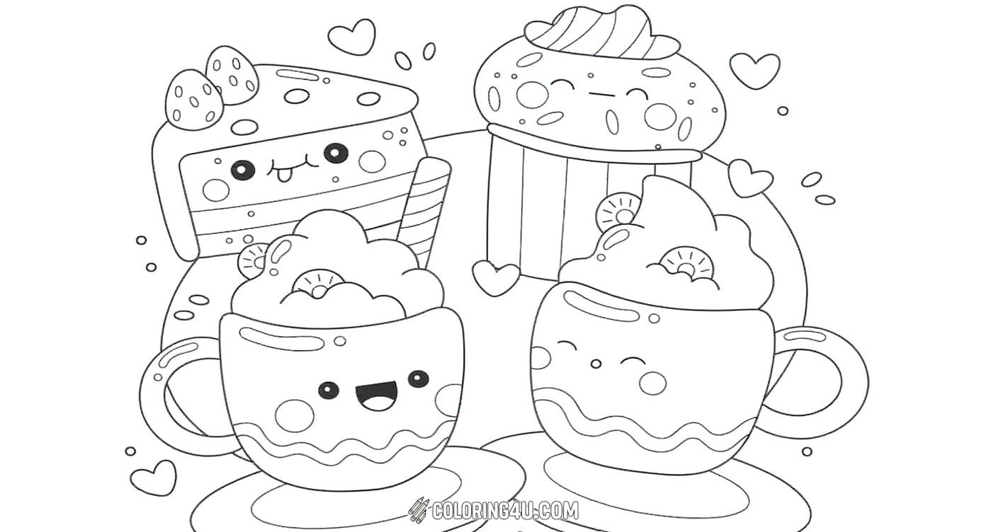 This adorable coloring page shows two smiling coffee cups topped with whipped cream, surrounded by happy desserts including a cake slice and cupcake, all decorated with little hearts. It's a sweet and joyful scene perfect for kids who love cute characters and tasty treats to color.