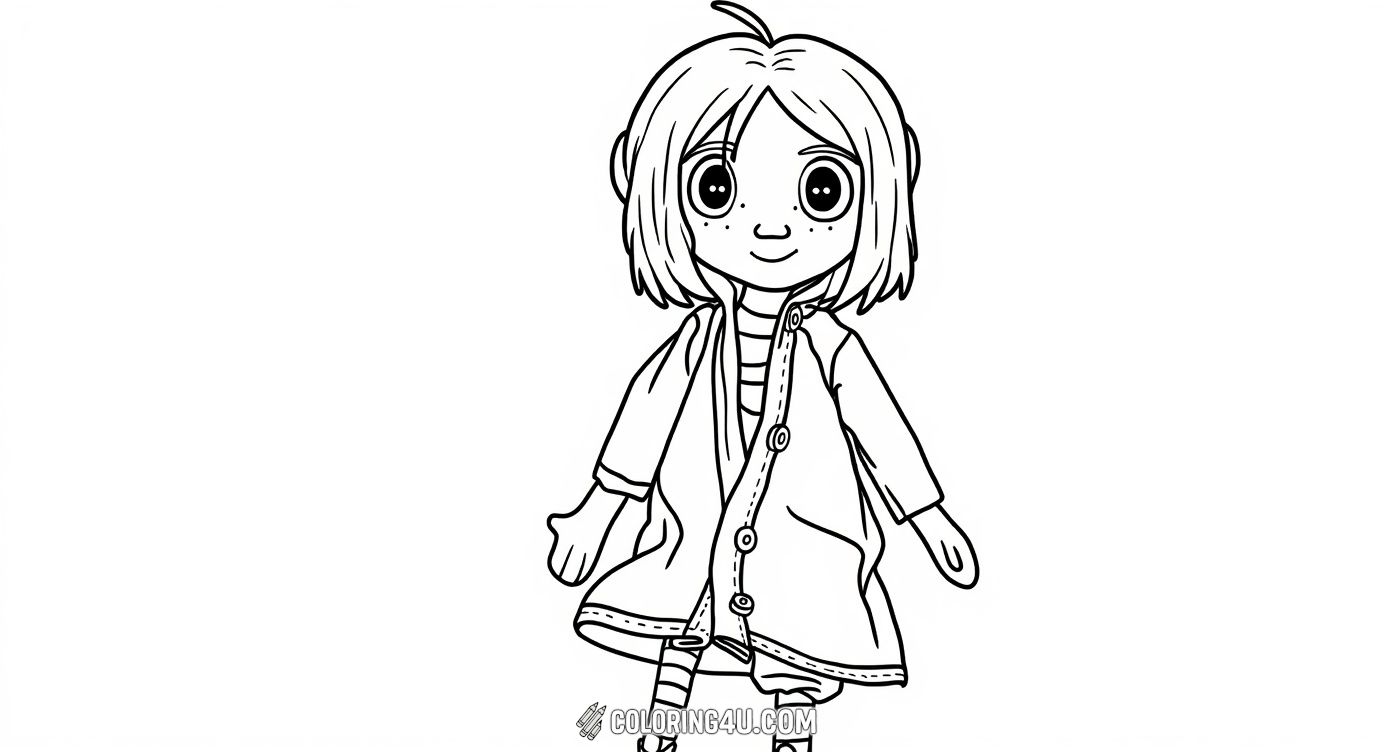 This unique coloring page shows the famous button-eyed doll from Coraline, a key figure in the eerie and magical tale. Kids can enjoy coloring this intriguing doll, capturing its mysterious charm and adding their own spooky or whimsical touch.
