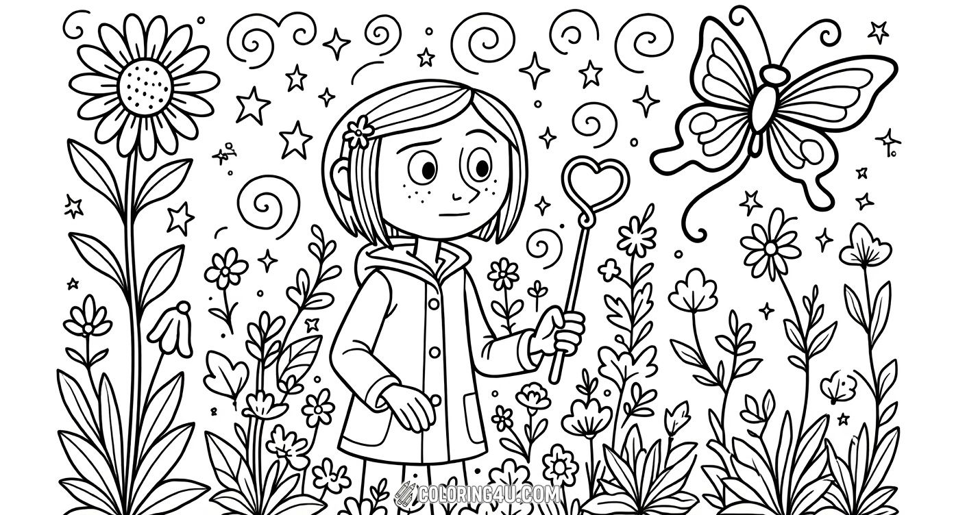 This charming coloring page features Coraline, the brave and curious girl from the popular story, holding a heart-shaped wand surrounded by beautiful flowers and a delicate butterfly. Kids will love bringing this enchanted garden scene to life with their own colorful imagination.