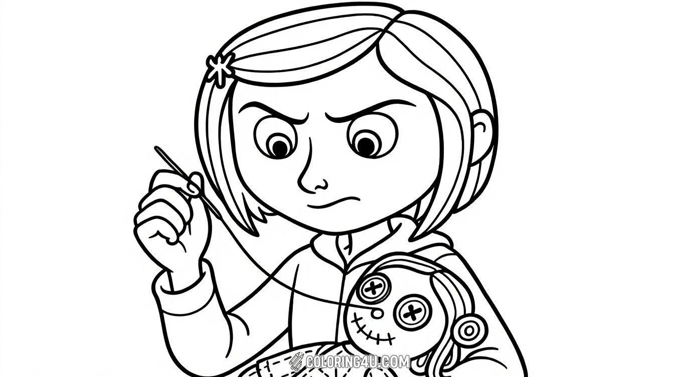 Color this intriguing image of Coraline carefully sewing a voodoo doll with button eyes, capturing a key moment from her thrilling story. Kids can enjoy adding vibrant colors to Coraline's focused expression and the detailed stitching on the doll, sparking creativity and imagination.