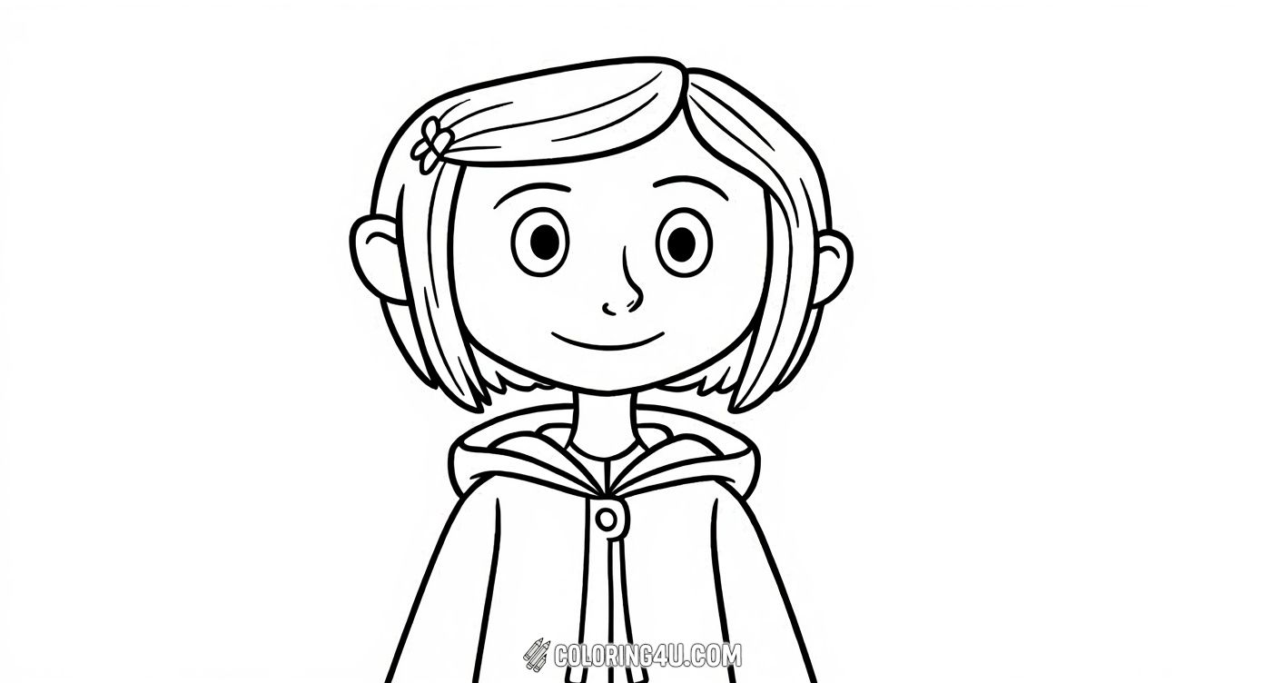 Here is a simple and delightful coloring page of Coraline, the adventurous girl known from the beloved Coraline story, smiling gently. Her hooded coat and friendly expression invite kids to add their favorite colors and create a cheerful portrait of this courageous character.