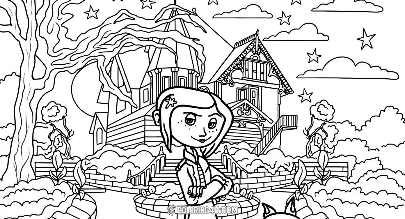 This enchanting coloring page features Coraline, the brave heroine from the beloved story, standing confidently with her cat in front of a spooky, whimsical house under a starry sky. Kids can bring this mysterious scene to life with their favorite colors as Coraline embarks on her magical adventure.