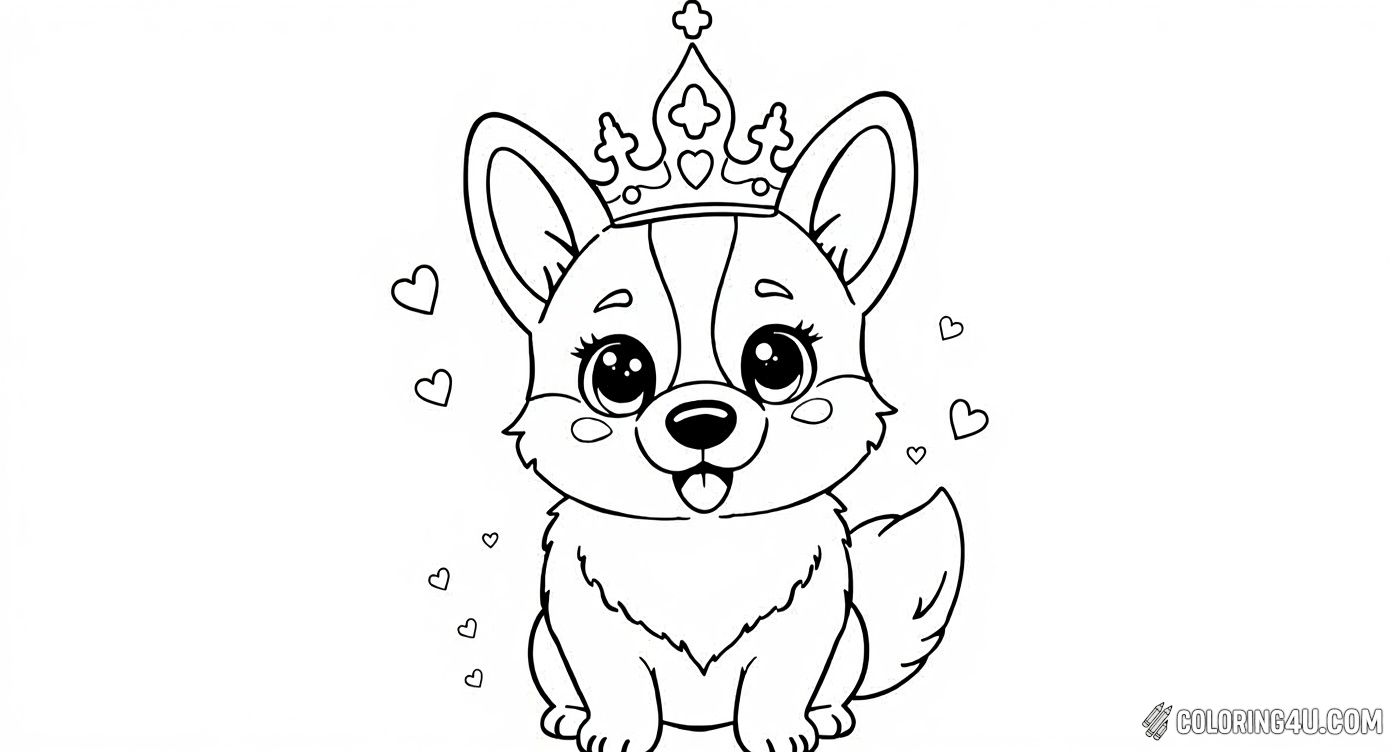Cute Corgi Puppy With Crown And Hearts