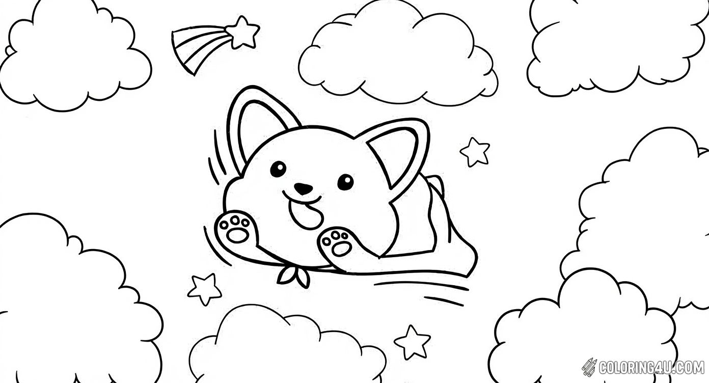 This fun coloring page shows a playful cartoon corgi flying among fluffy clouds, stars, and a shooting star. Kids can enjoy using their imagination to color this magical scene full of adventure and happiness in the sky.