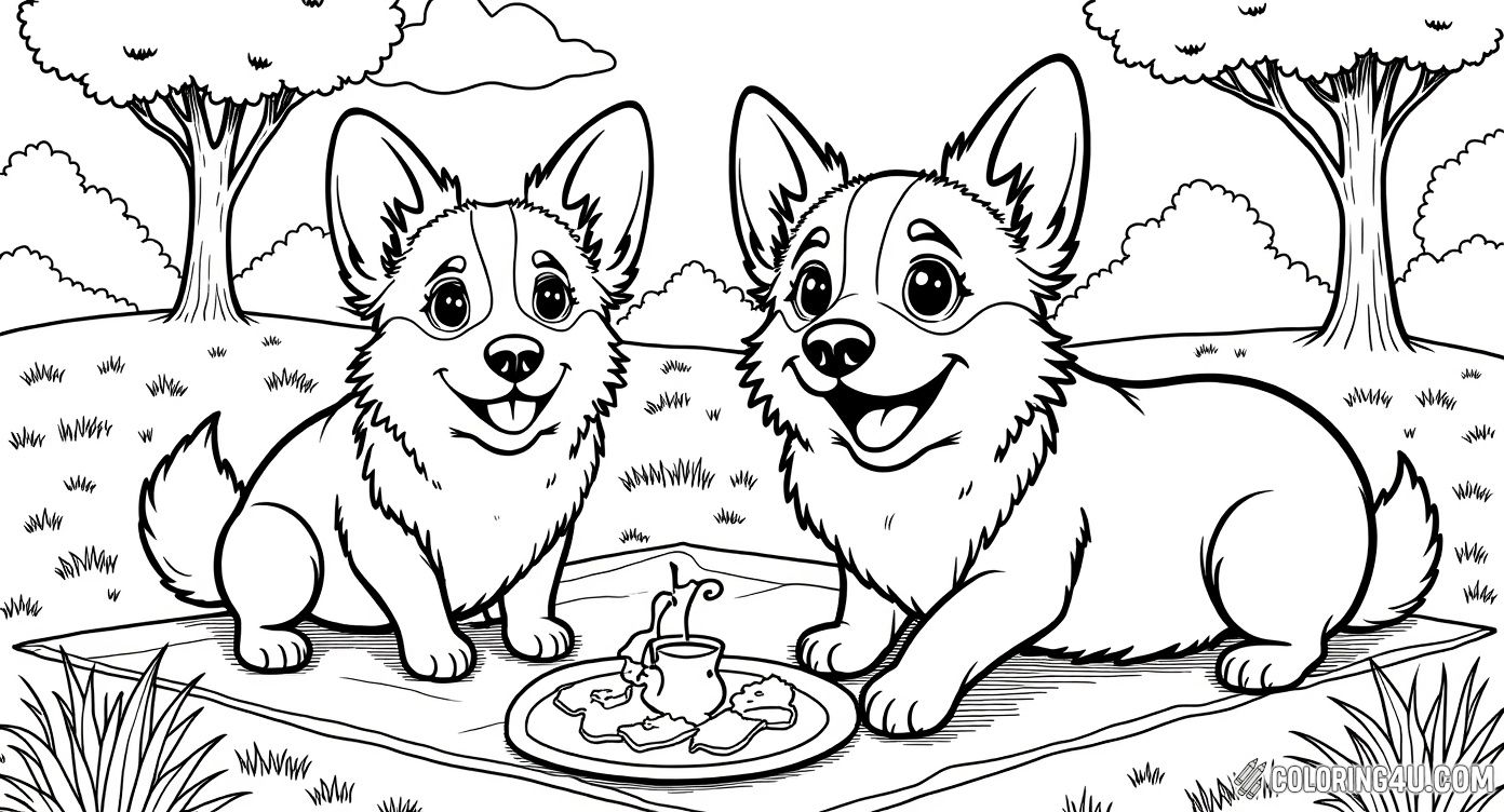 Get ready to color a joyful corgi playing outdoors near a picnic blanket and frisbee. The scene includes flowers, trees, and a butterfly, inviting children to add vibrant colors and imagine a fun, sunny day out with their furry friend!