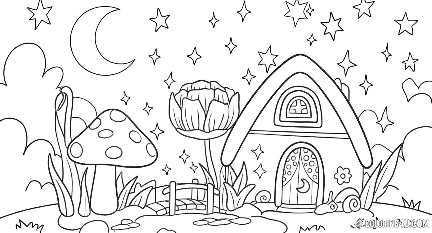 Cute Fairy Cottage Night Stars Moon