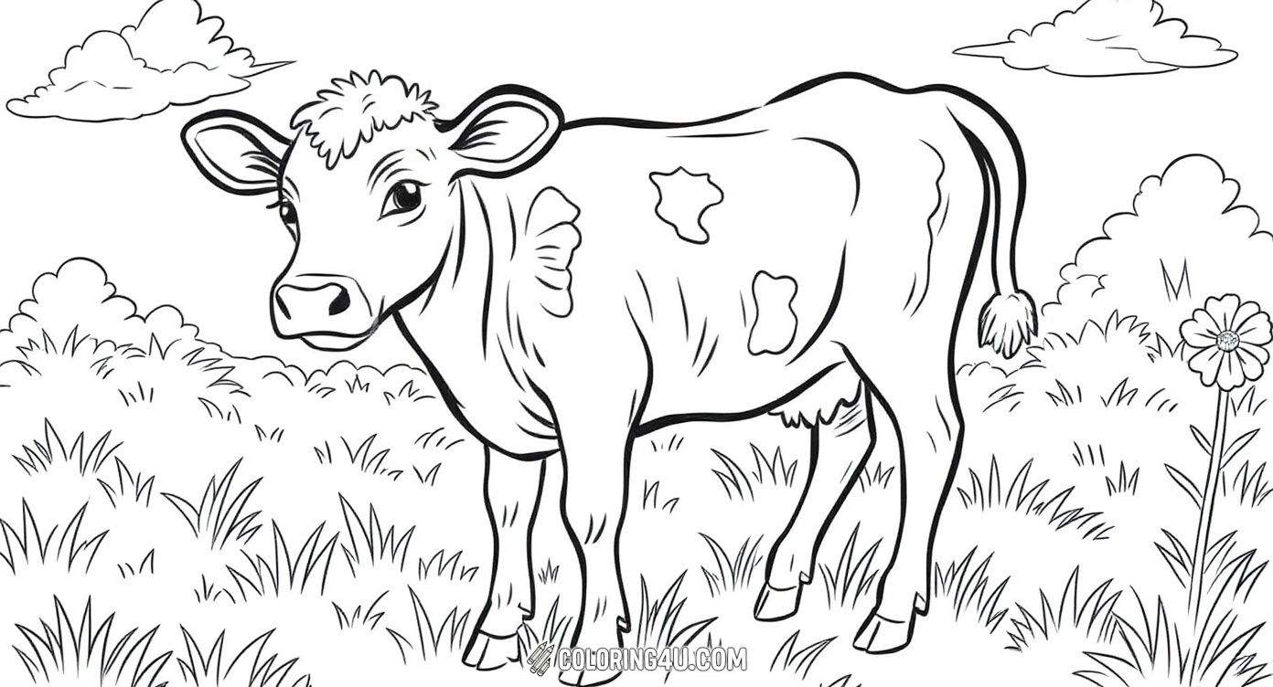 This coloring page features a charming cow standing peacefully in a vibrant spring meadow filled with blooming flowers and fluffy clouds overhead. Kids can enjoy bringing this gentle scene to life with their favorite colors while exploring the beauty of nature and farm animals.