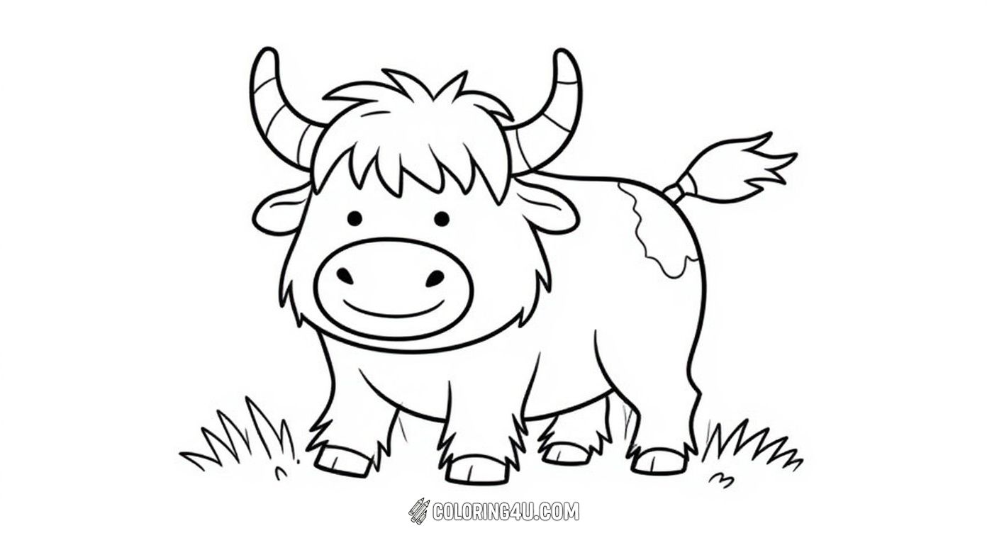 This adorable Highland cow stands amidst some grass, inviting kids to bring it to life with colors. Its fluffy hair and friendly face make it perfect for young artists to enjoy coloring while learning about this unique breed.