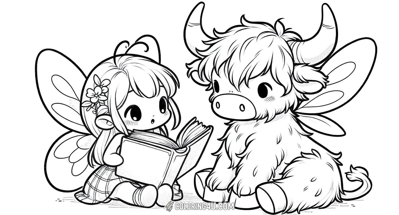 This enchanting coloring page depicts a small fairy sitting on the grass reading a book to a fluffy, wide-eyed bull. The lovely scene invites children to use their imagination and colors to bring this magical friendship between a fairy and a gentle bull to life.