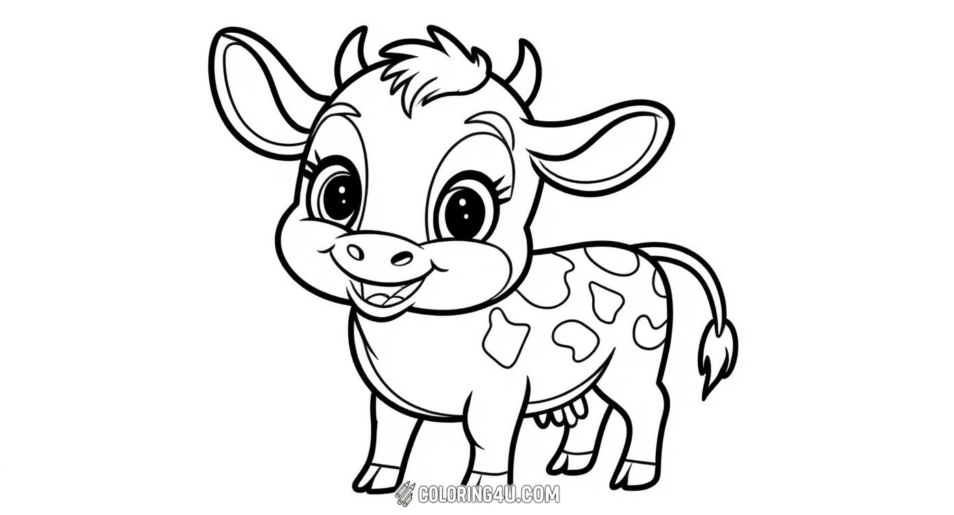 This adorable coloring page features a happy cartoon cow with big sparkling eyes and charming spots. With a big smile and playful stance, this friendly cow invites kids to bring it to life with their favorite colors.