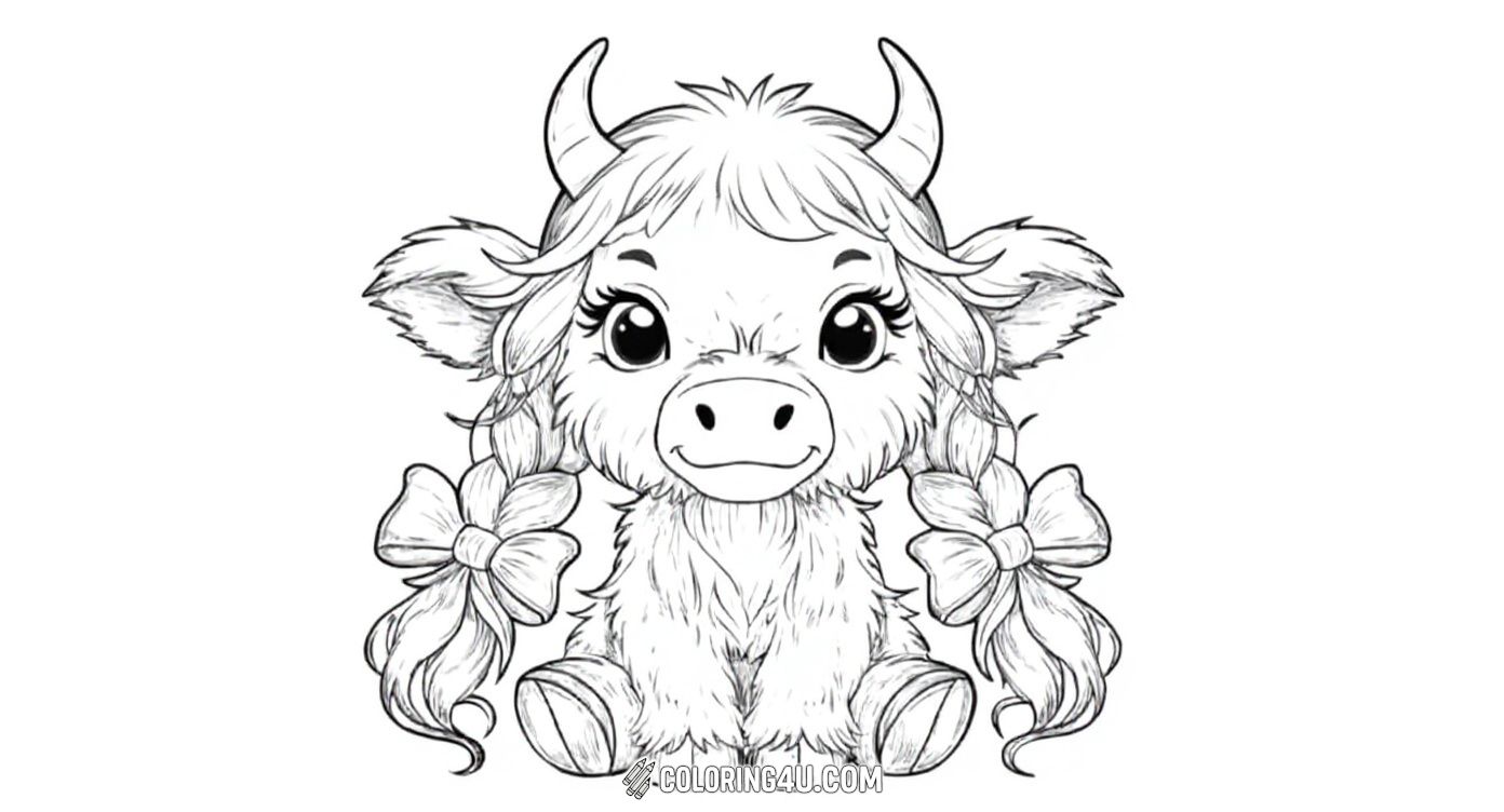 Meet this adorable kawaii baby cow with big sparkling eyes, wearing a cap and sporting playful braids tied with bows! Surrounded by heart shapes in the sky, this fun and cute image invites kids to add bright colors and create a delightful character full of charm and personality.