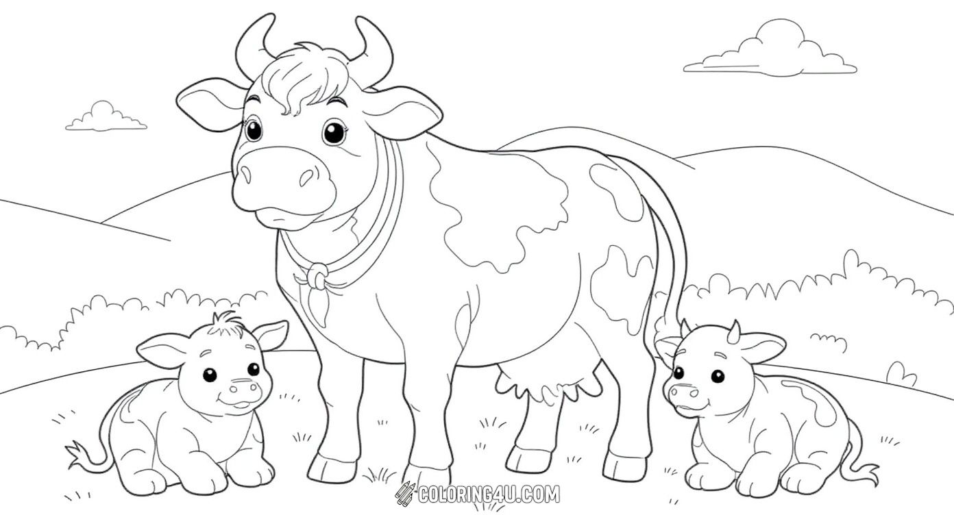 Here you see a loving mother cow standing with her two playful calves on a flowery hill. Kids will enjoy adding bright colors to this family scene, bringing out the beauty of farm life and the bond between mother and babies.