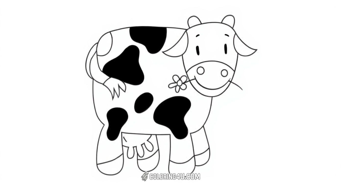 Meet this cheerful cartoon cow holding a flower in its mouth! With its big patches and smiling face, this coloring page is a fun and easy way for kids to practice coloring inside the lines and learn the word 'cow'.