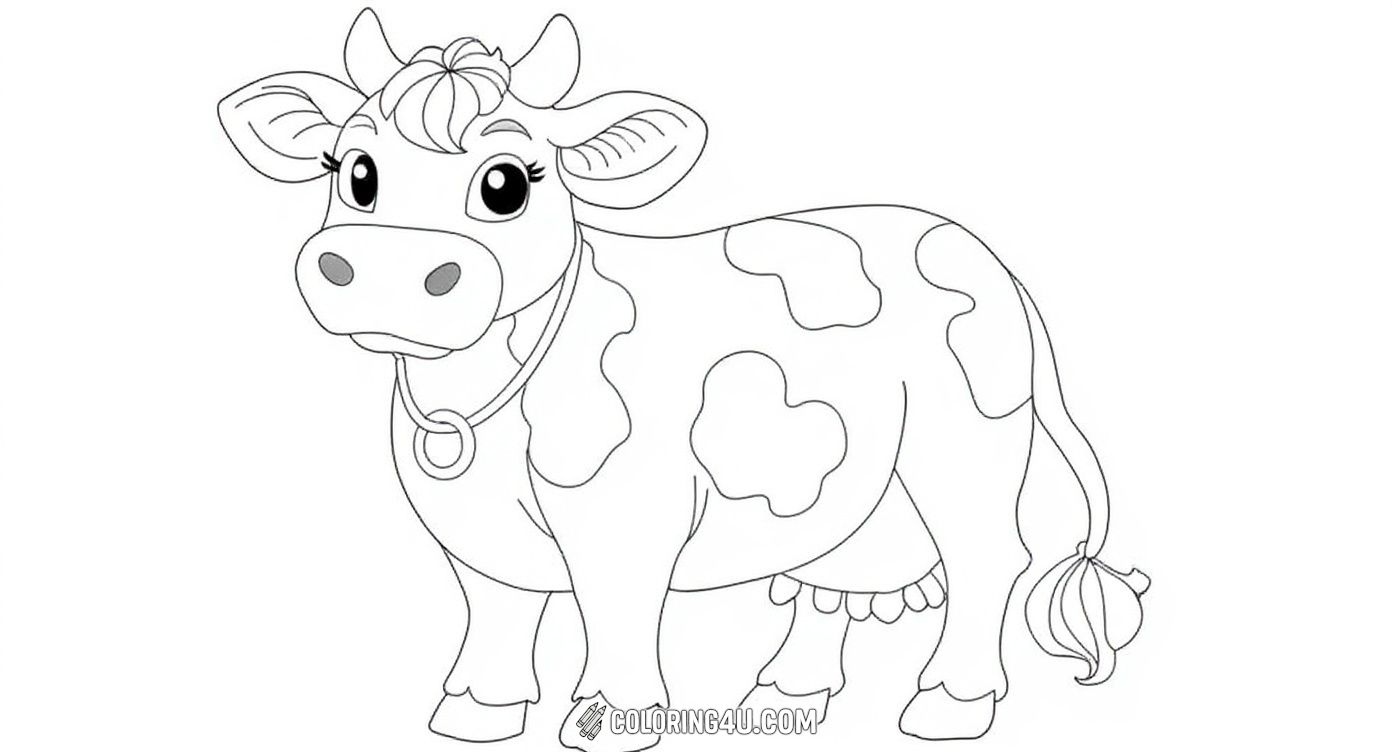 This coloring page portrays a sweet farm cow with gentle eyes and a bell hanging around its neck. Its distinctive spots and soft expression make it an inviting subject for kids to color and learn about friendly farm animals.
