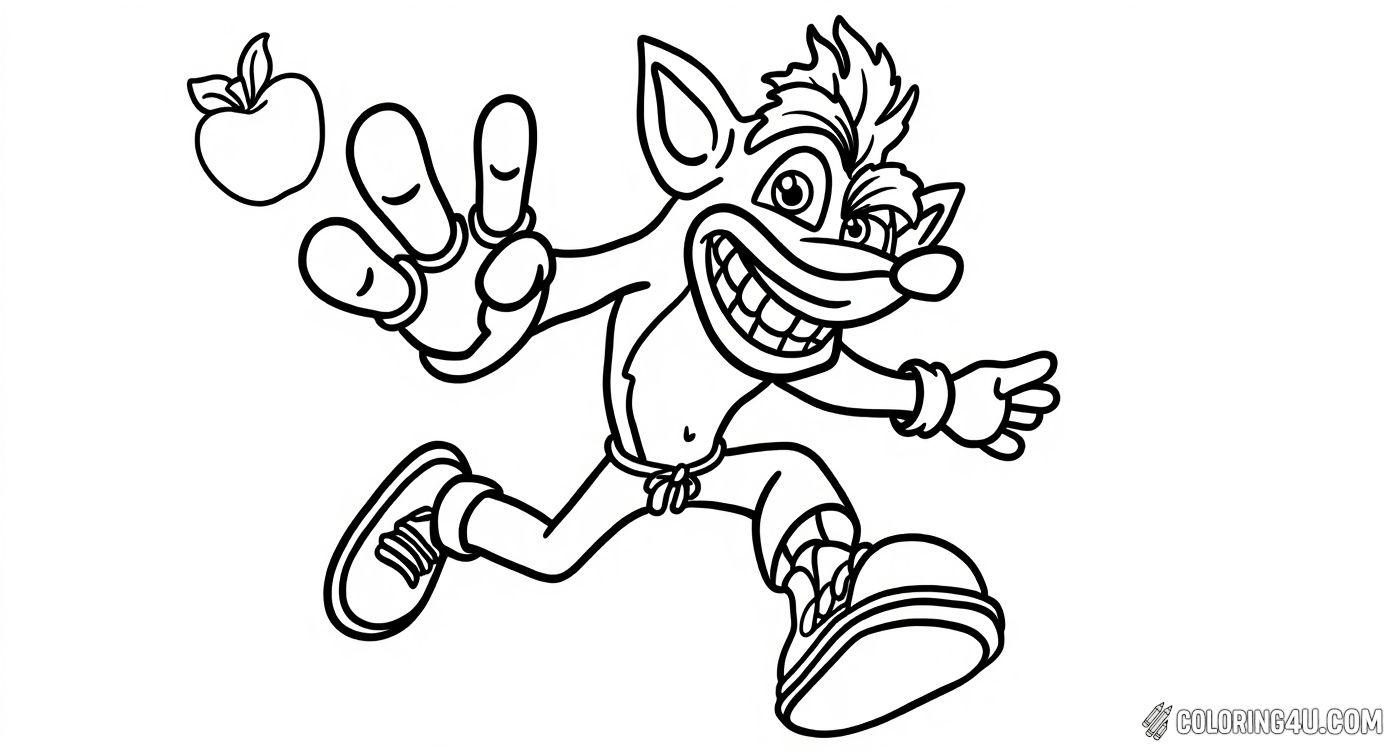 This fun coloring page shows Crash Bandicoot jumping energetically surrounded by a bunch of Wumpa fruits, which look like apples! Kids can enjoy bringing this lively video game character to life with bright colors and making the scene burst with vibrant energy.