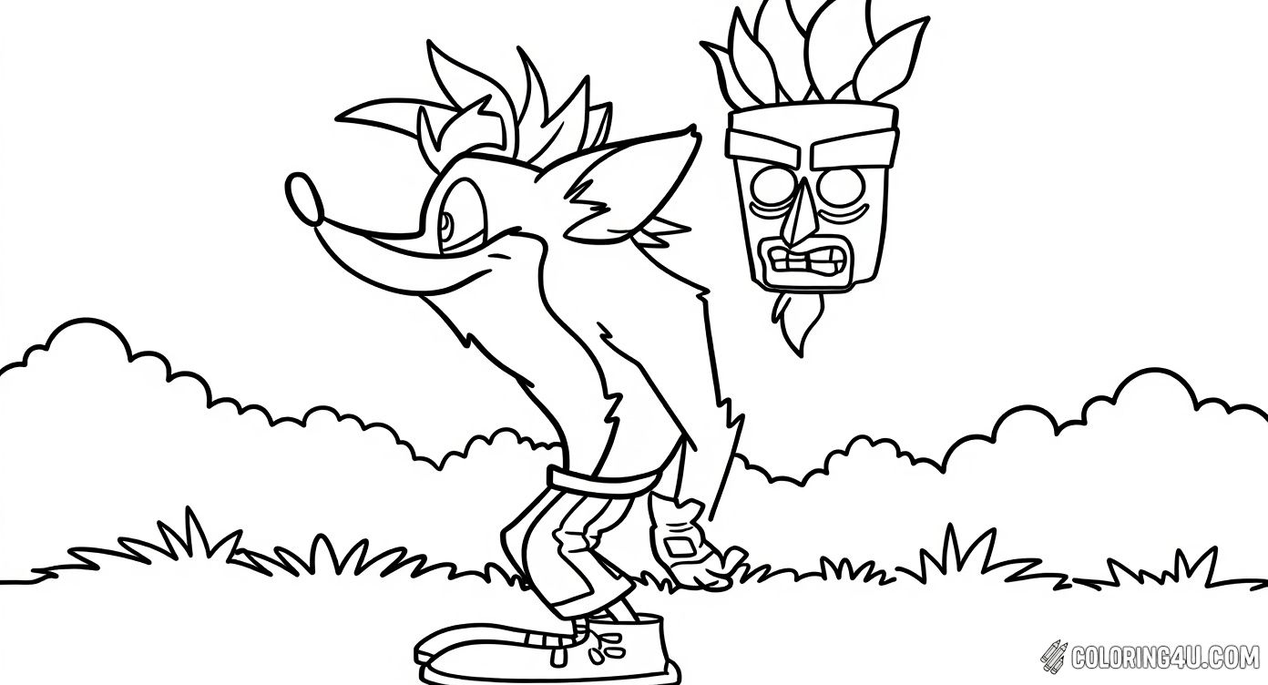 Crash Bandicoot With Aku Aku Mask Coloring Page