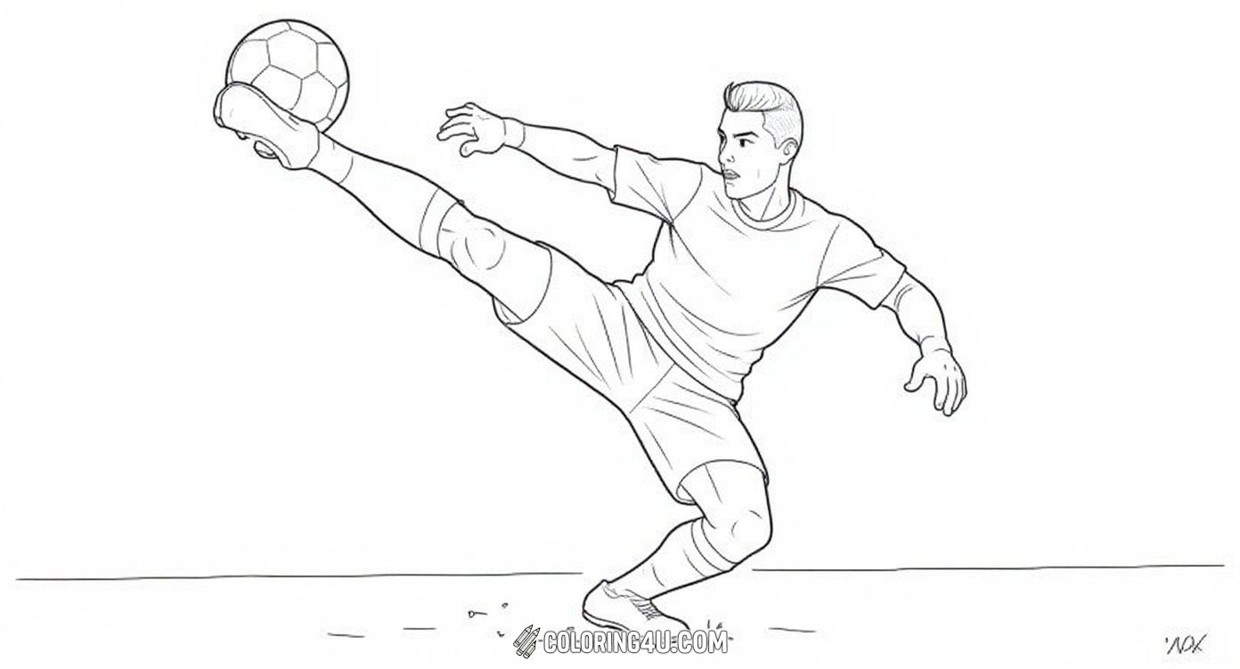 Get ready to color an exciting moment in football with Cristiano Ronaldo performing a spectacular bicycle kick in a packed stadium. Kids can imagine the thrill of the game and bring this amazing soccer move to life with their favorite colors!