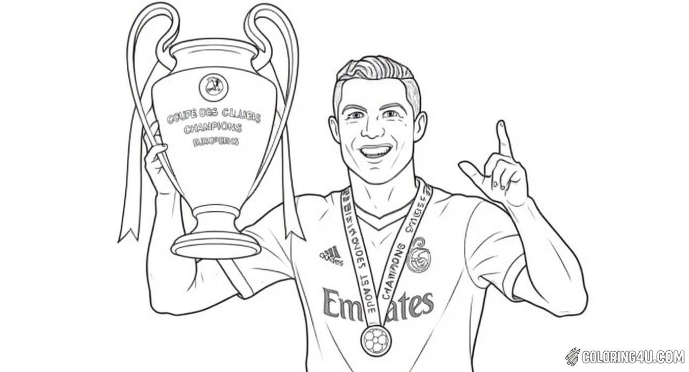 Bring this triumphant scene to colorful life, depicting Cristiano Ronaldo lifting the Champions League trophy high above his head in a stadium filled with proud fans. Add bright colors to his uniform, the shining trophy, and the cheering crowd as you celebrate victory!
