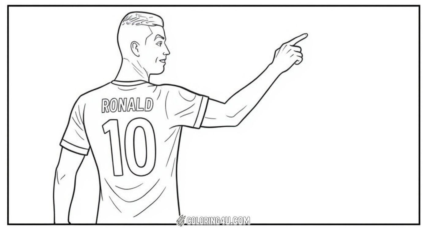 Get ready to color Cristiano Ronaldo proudly showing off his jersey number 7 on his back! This fun page captures Ronaldo's confident pose with both thumbs pointing to his name and number, perfect for football fans to add their favorite team colors.