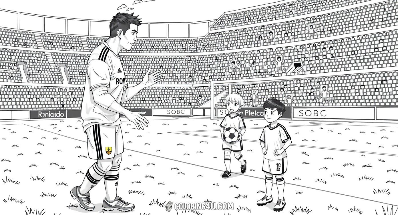 Join Cristiano Ronaldo on the soccer field as he teaches young kids how to play football! This detailed coloring page shows Ronaldo holding a ball with kids watching eagerly, all set in a large stadium filled with cheering fans. It's a wonderful scene for kids to add bright colors and imagine learning from a soccer star!