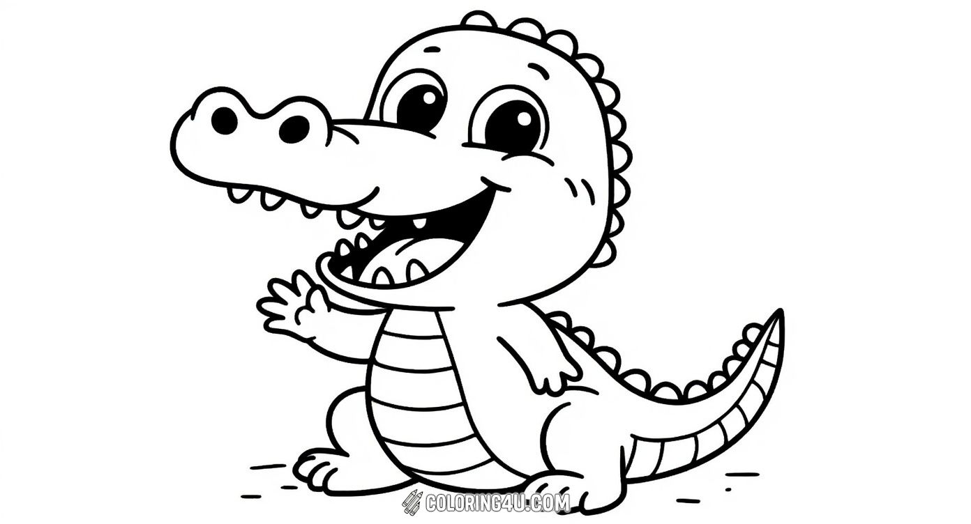 Cute Cartoon Crocodile Waving Coloring Page