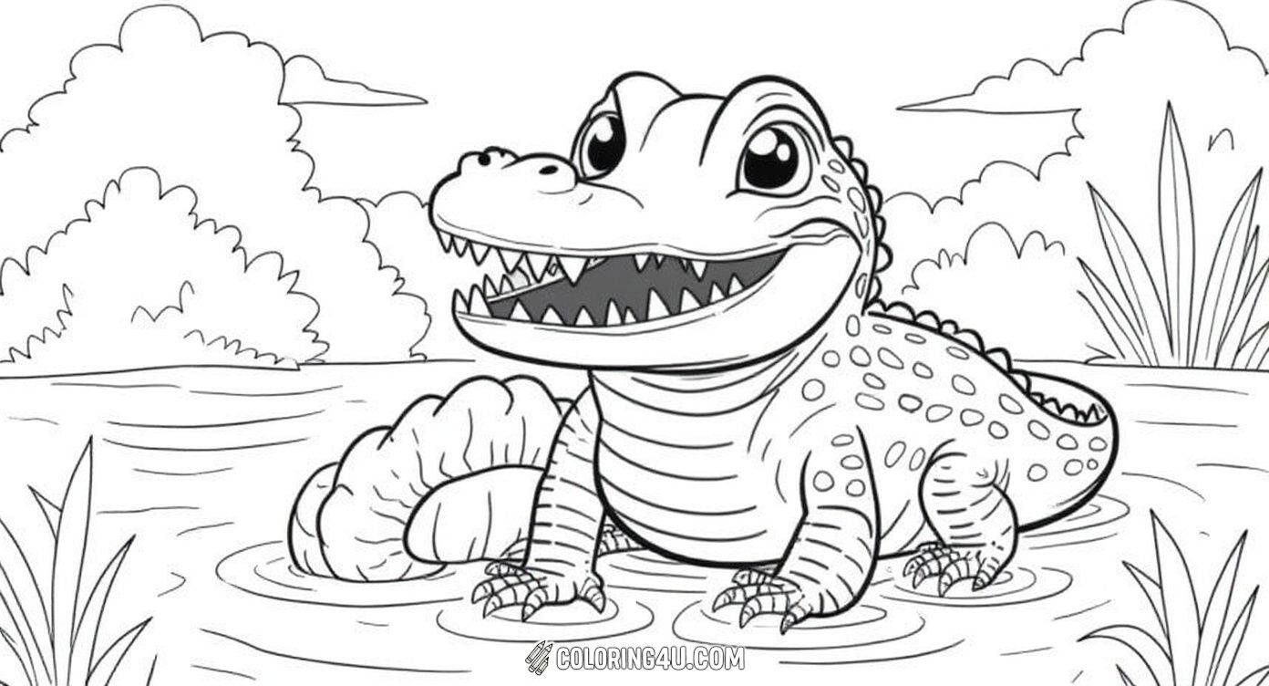 Join this happy crocodile as it relaxes near the water surrounded by tall grass and bushes. This charming coloring page invites kids to use their creativity to color the cheerful crocodile and its natural habitat, making it a fun and engaging art activity.