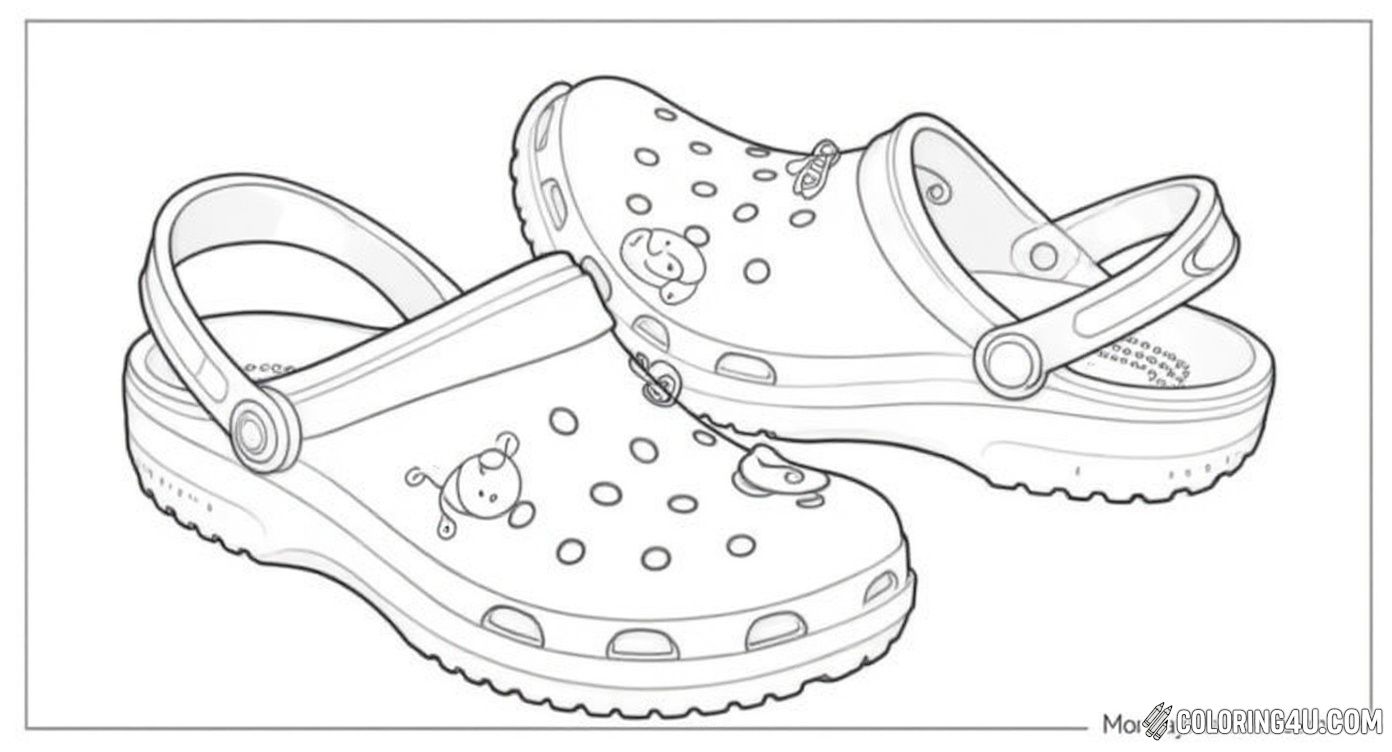 This fun coloring page features a pair of classic Crocs decorated with playful charms like a yin-yang, a smiley face, and a UFO! Kids can enjoy bringing this creative pair of shoes to life with bright colors and their imagination.