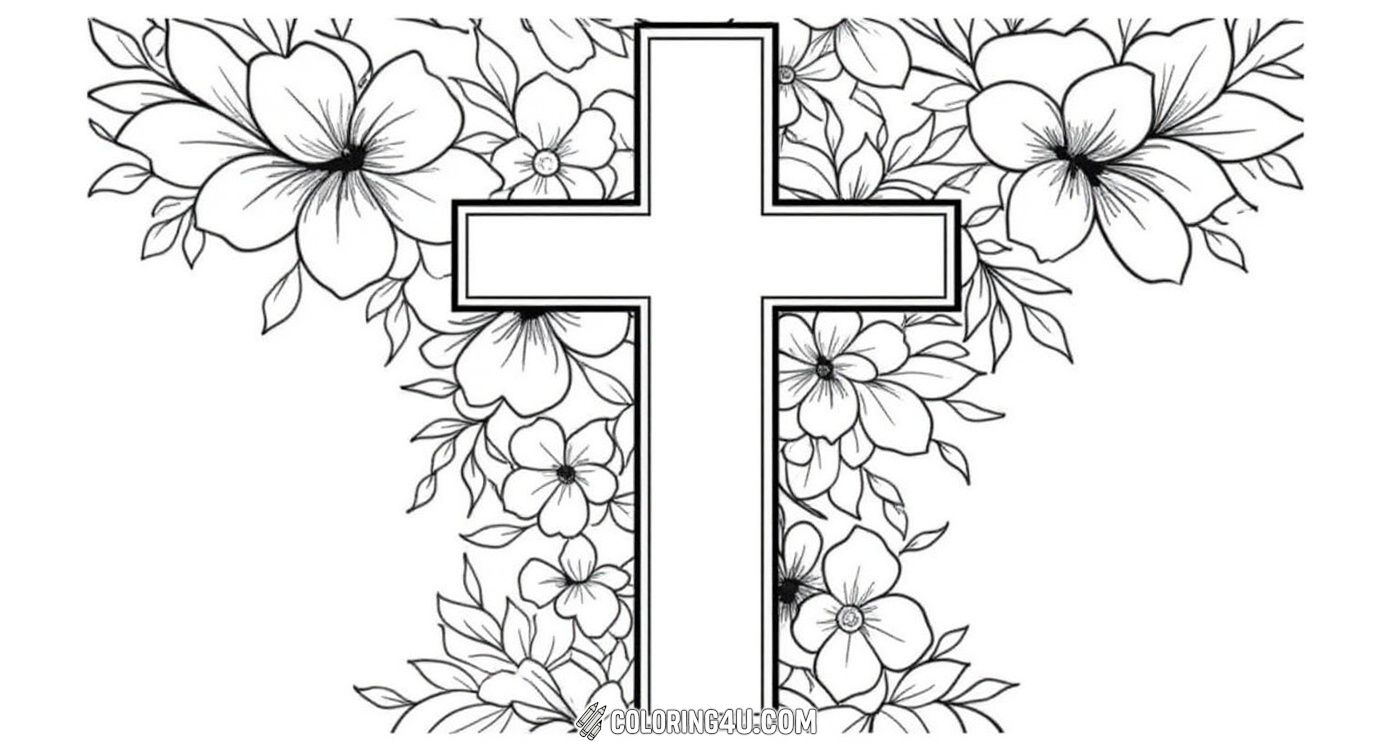 Dive into this beautiful coloring page where a bold cross is surrounded by delicate and detailed flowers, inviting kids to explore a mix of colors and create a vibrant, nature-inspired artwork full of joy and creativity.