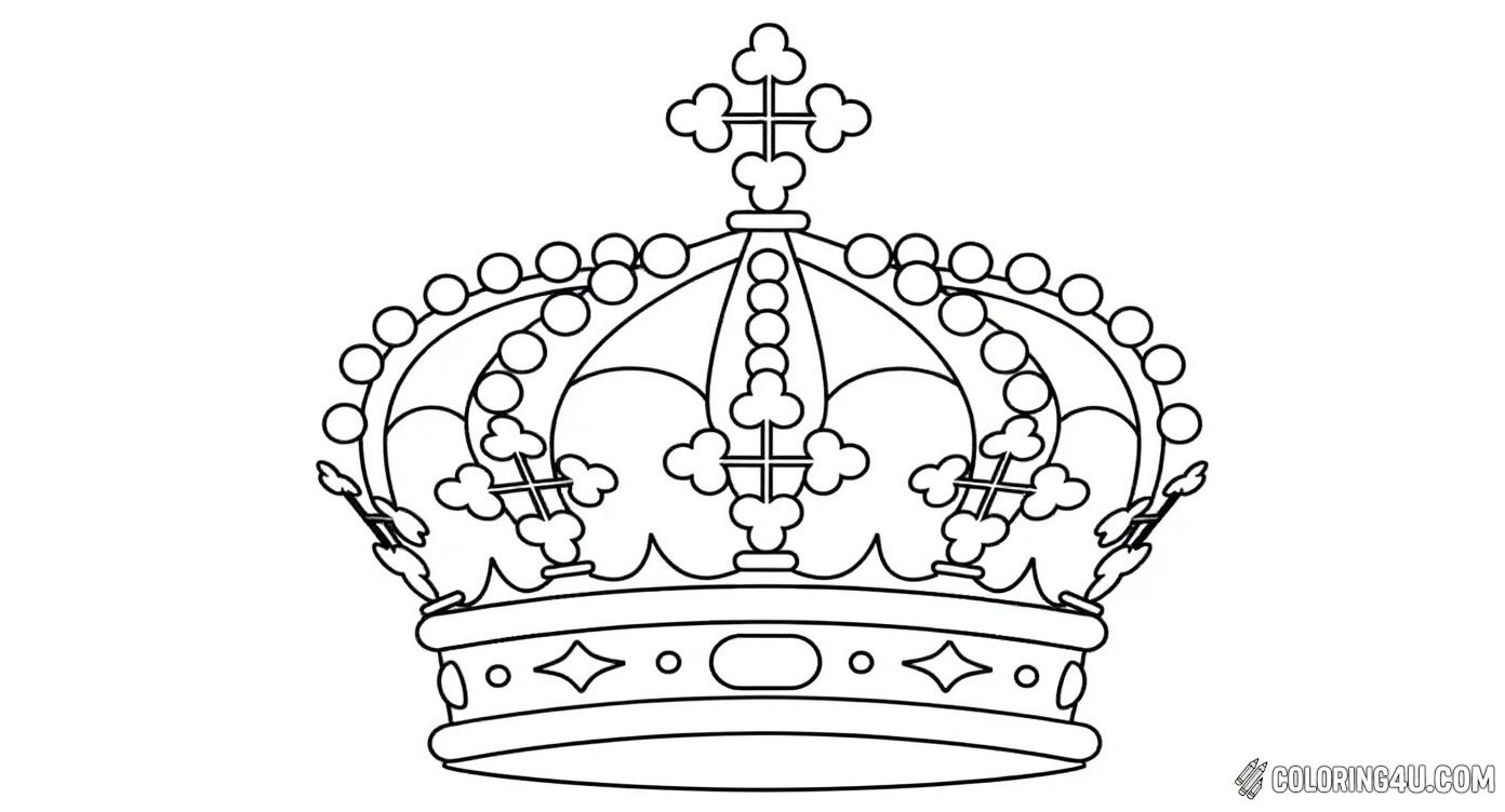Color a classic king's crown adorned with multiple crosses, jewels, and rounded ornaments. This simple yet majestic design is perfect for kids who want to create a regal masterpiece and imagine themselves ruling a kingdom full of adventure!