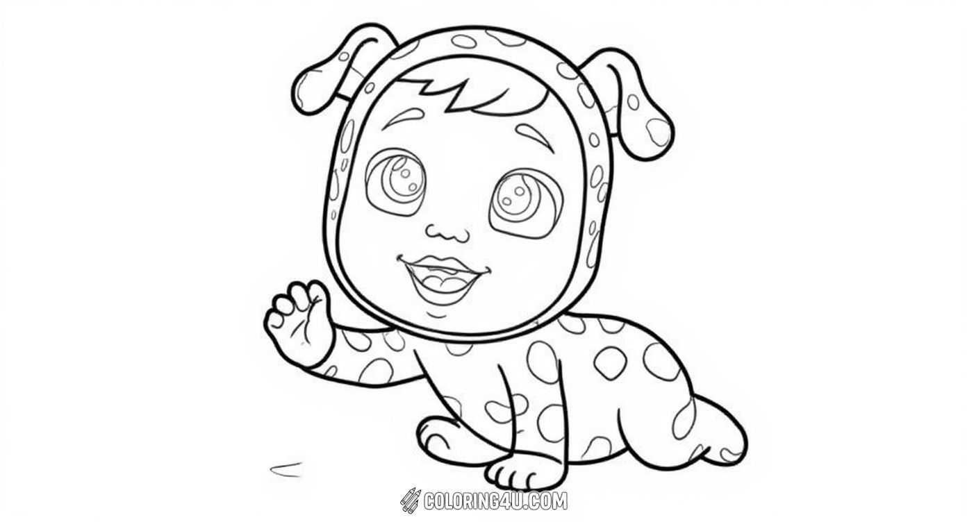 This adorable Cry Babies baby is dressed up in a spotted dog costume, surrounded by playful elements like yarn balls, dog paw prints, and hearts. Children will enjoy coloring this lively scene full of imagination and joy.